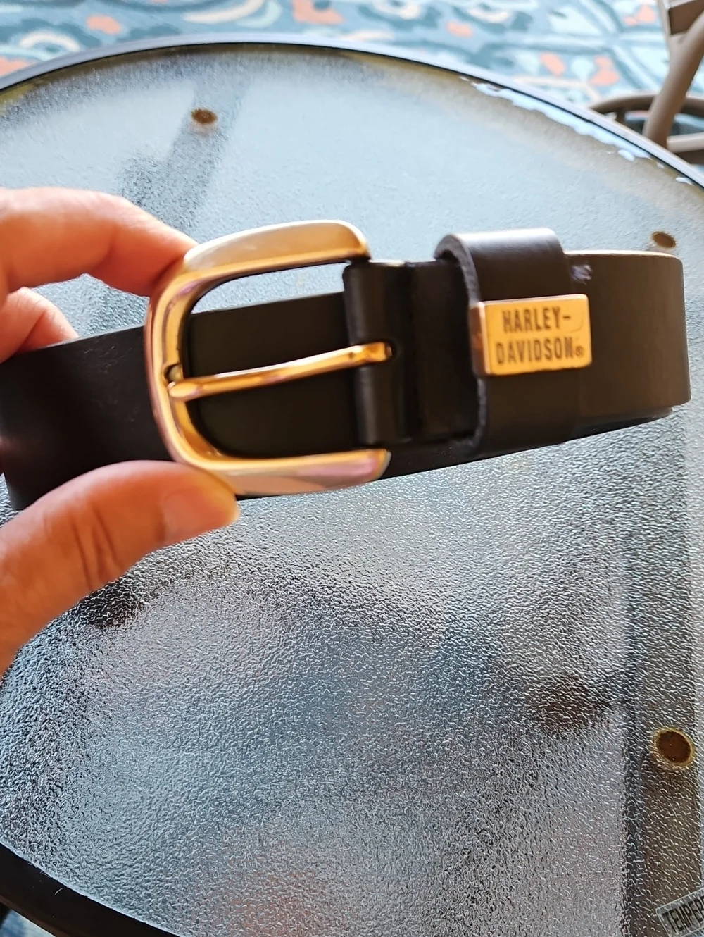 Harley-Davidson Black Leather Belt with Gold Buckle and Logo Plate